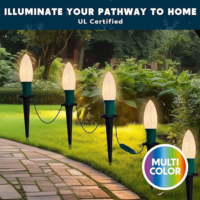 Joiedomi 30.75FT C9 Christmas Pathway Marker Lights, 24 LED Strawberry Stake Warm White Outdoor Faceted Walkway Decor with Connectable for Holiday Xmas Yard Garden Lawn