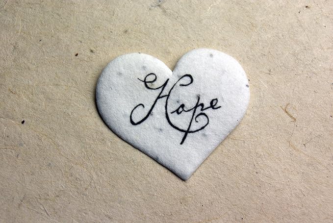 Of The Earth Handmade Paper - Wildflower Seed Paper Small Heart Tags - Calligraphy Variations - 1.75" X 1.5" - Set of 50 (Hope)
