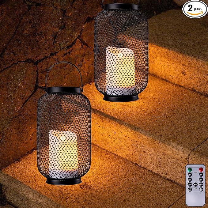 Solar Lanterns Outdoor Waterproof, Flickering Flameless Candle Hanging Lantern, Rechargeable Table Lantern for Patio with Timer Dimmer, Decorative Lamp for Outside Garden Porch or Indoor Decor-2Pack