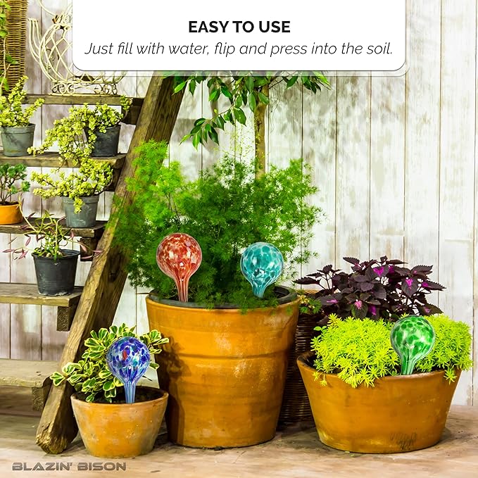 Blazin Indoor Plant Watering Globes | Automatic Self Water Bulbs | Aqua Water Globe | Decorative Hand-Blown Glass | 4pc Deluxe Set (4, Small)