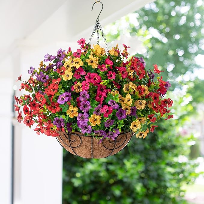 Artificial Faux Hanging Plants Flowers Basket for Summer Outdoor Outside Decoration, Fake Silk UV Sun Resistant Look Real Colorful Daisy Eucalyptus for Porch Home Patio Balcony Yard