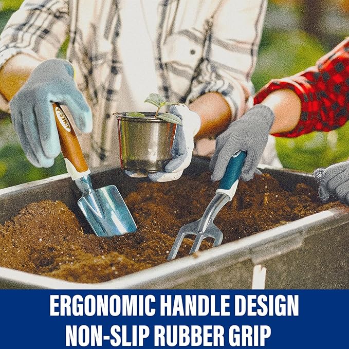 Gardening Tools Set of 9 Heavy Duty Garden Tools with Non-Slip Rubber Grip with Large Garden Bag for Tools Durable Hand Tools for Gardening, Weeding,Gardening Gifts for Women,Men