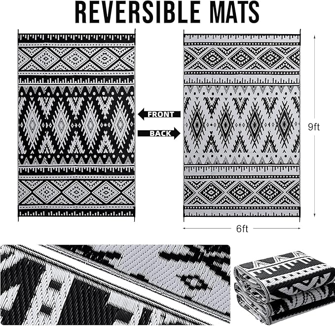 OLANLY Outdoor Rug Waterproof 6x9 ft, Reversible Outdoor Plastic Straw Rug, Boho Patio Rug, Indoor Outdoor Carpet, RV Mat Outside for Patio, Camp, Picnic, Balcony, Deck, Backyard, Black & White