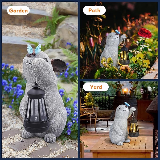 Solar Rabbit Statues for Garden Decor - Outdoor Bunny Figurine with Solar Lantern for Yard Patio Lawn Balcony Ornaments - Garden Gifts for Mothers Day, Grandma, Easter