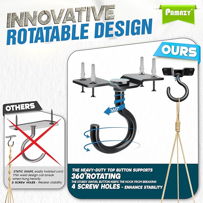 [UPGRADED] 4Pcs 200LBS Rotatable Ceiling Hooks with 4 Screw Points Base, Wall Mount Metal Hanger Black Ceiling Hook for Hanging Plant, Bird Feeder, Lights, Bed Canopy, Wind Chime, Indoor Outdoor Decor