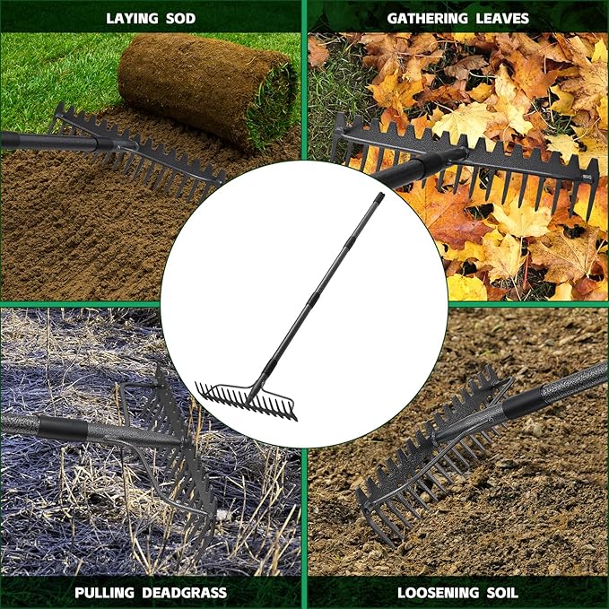 77'' Bow Rake ，17 Tines Metal Head Rake with Stainless Steel Handle，Heavy Duty Garden Rake for Loosening Soil Gathering Leaf Leveling Lawn Farming Land Management Yarn Thatch Rake