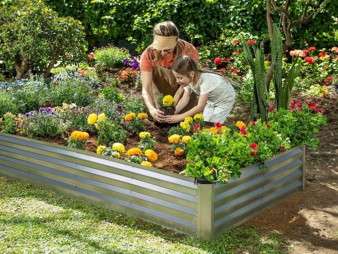 Galvanized Raised Garden Beds Outdoor // 8×4×1 ft (2-Pack) Planter Raised Beds for Gardening, Vegetables, Flowers // Large Metal Garden Box (Silver) // Patented Tool-Free Design