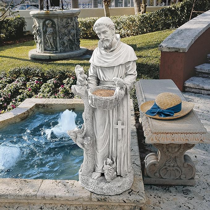 Design Toscano Nature's Nurturer Francis Assisi Religious Garden Decor Statue Bird Bath Feeder, Large, 37 inch, Cast Stone Resin, Antique Stone Finish