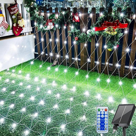 Christmas Net Lights, 204 LED Outdoor Mesh Lights Waterproof, Bush Solar Net Lights with 8-Lighting Modes for Tree Garden Yard Christmas Wedding Party Decoration(White)