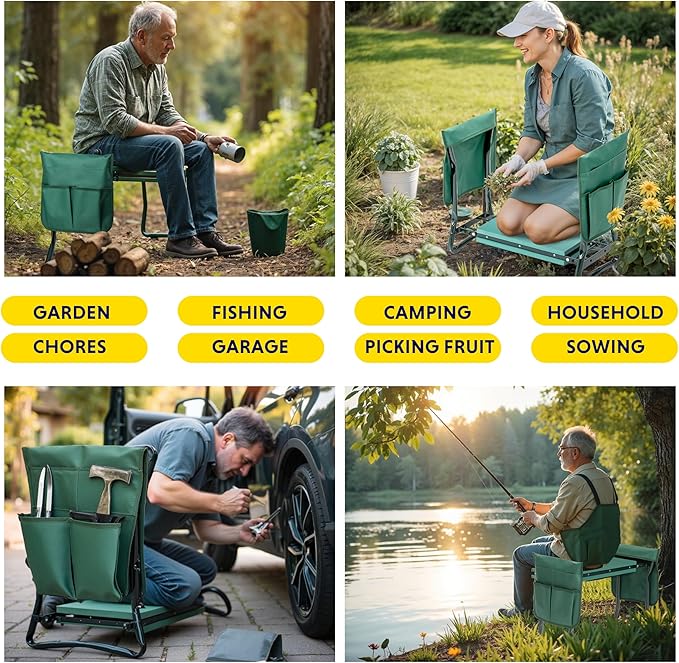 iPower Garden Kneeler and Seat, Foldable Stool, Gardening Bench with Thicken Widen Soft Kneeling Pad, Heavy Duty & 2 Tool Pouches, Gifts for Women, Mom & Dad, Grandparents, Seniors, Green