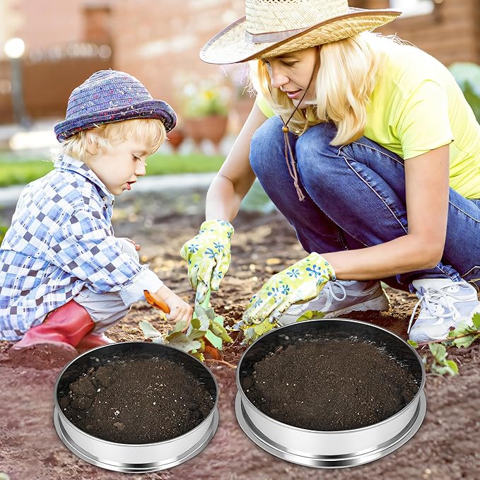 2 Pcs Garden Soil Sifter, Stainless Steel Mesh Screen Dirt Sifter, Sifting Pan-Sieve for Sand Rocks Dirt Compost, 1/4" and 1/8" Mesh