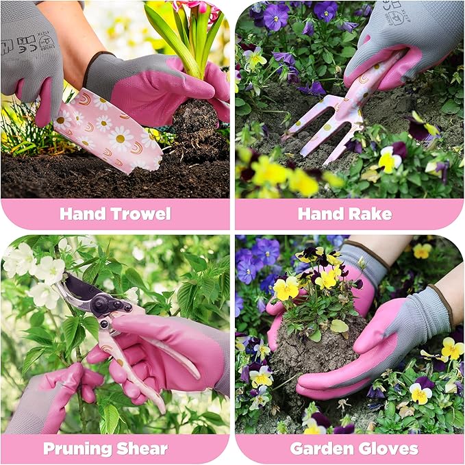 WORKPRO Aluminum Garden Tool Set, 4PCS Heavy Duty Hand Garden Tools with Box Include Trowel, Rake, Pruner, Garden Gloves, Pink, Garden Gifts