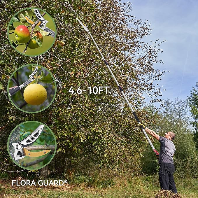 FLORA GUARD 4.6-10ft Extendable Tree Pruner，Cut and Hold Pruning Trimmer - Long Reach Pole Saw, Telescoping Fruit Picker, Branches Bypass Lopper - Lightweight Tree Trimmers Long Handle Pruner