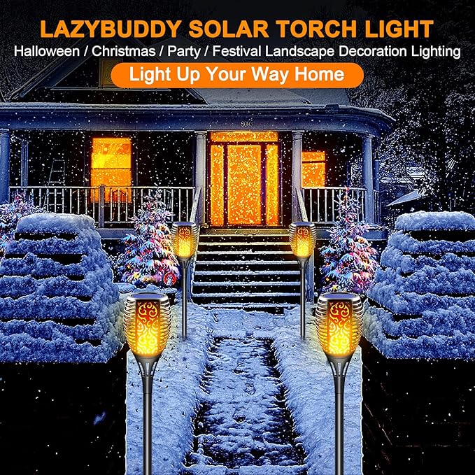 Solar Torch Lights Outdoor, Realistic Flickering Flame Solar Tiki Torches, 3-in-1 Fire Effect Hanging Lanterns with Detachable Hook, Auto On/Off for Garden, Pathway Lighting (4 Pack)