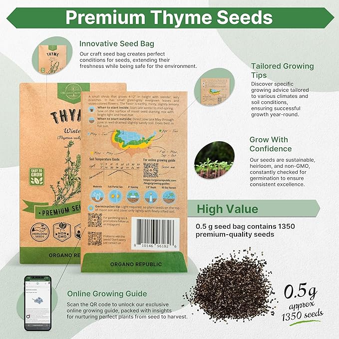 Thyme Seeds Pack 0.5 G - Over 1,350 Non-GMO Heirloom Thyme Seeds for Planting Herbs in Individual Seed Packet, Herbs Seeds for Planting Home Garden Indoor & Outdoor Gardening