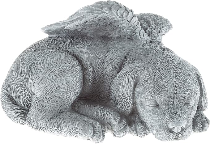 Pure Garden Sculpture Pet Memorial Statue, Sleeping Angel Dog, Stone Finish