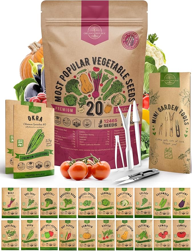 20 Vegetable Seeds Variety Pack - 12465+ Non-GMO Heirloom Seeds for Planting Vegetables and Fruits in Individual Seed Packets, Home Survival Garden Seeds for Hydroponic, Indoor and Outdoors Gardening