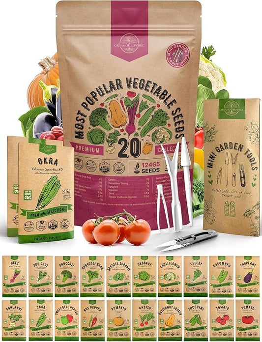 20 Vegetable Seeds Variety Pack - 12465+ Non-GMO Heirloom Seeds for Planting Vegetables and Fruits in Individual Seed Packets, Home Survival Garden Seeds for Hydroponic, Indoor and Outdoors Gardening
