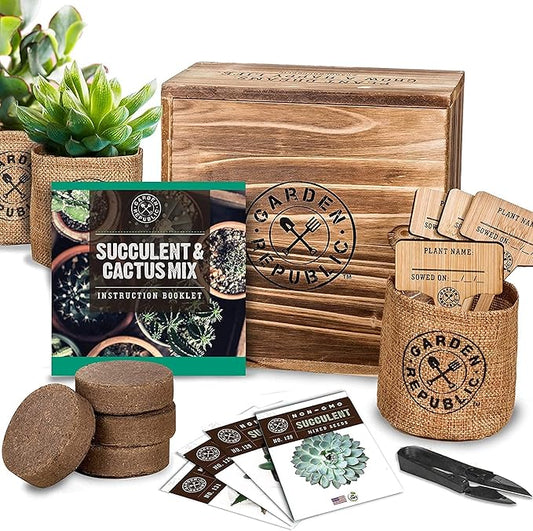 Cactus Succulent Seed Starter Kit - Indoor Garden Grow Kits, Seeds for Planting Mini Cactus Succulent Plants, Plant Markers, Soil, Pots, Wood Box - Fathers Day Gardening Gifts