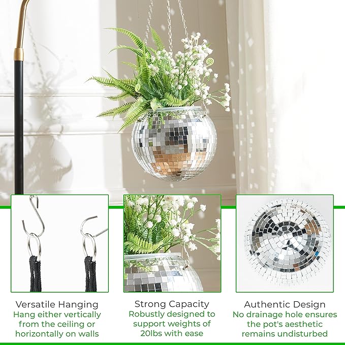 Eekzy Disco Ball 8" Plant Pot - Hanging Planter with Macrame Rope, Square Stand, Silver Chain & Inner Pot - Indoor & Outdoor Decor