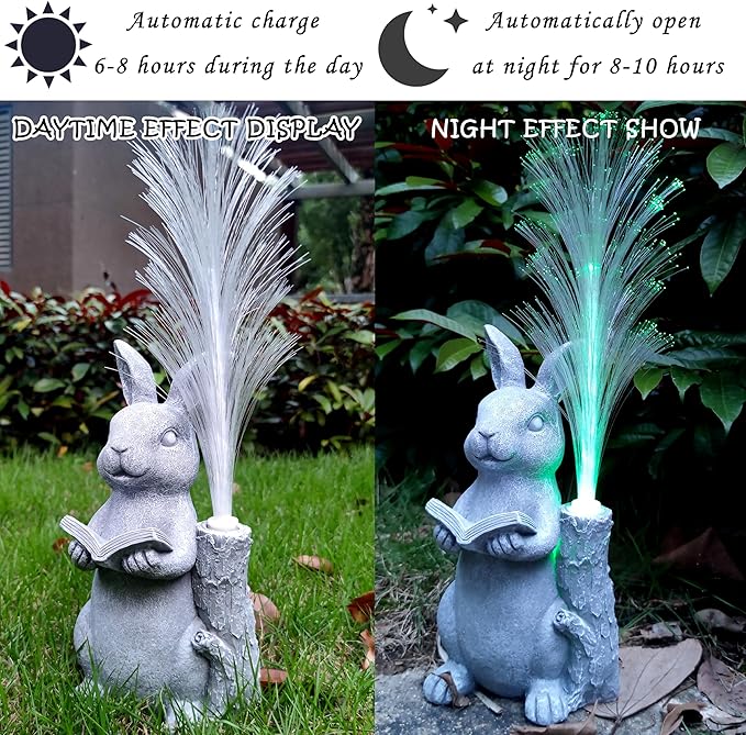 Rabbit Solar Garden Statues,Resin Rabbit Figurine Reading a Book and 7-Color Changing Optical Fiber with Solar Lights, Lawn Decor Outdoor Statue for Patio,Balcony,Yard,Lawn Ornament