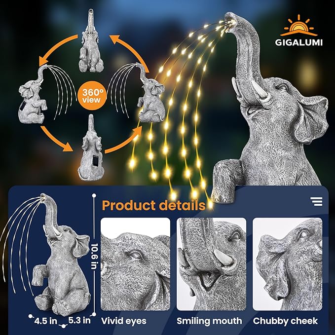 GIGALUMI Solar Garden Decor Watering Elephant Statues Outdoor, Birthday Gifts for Women Mom Grandma Senior Elder, Elephant Ornament for Balcony, Garden, Patio, Yard, Lawn (Twinkling Lights Only)