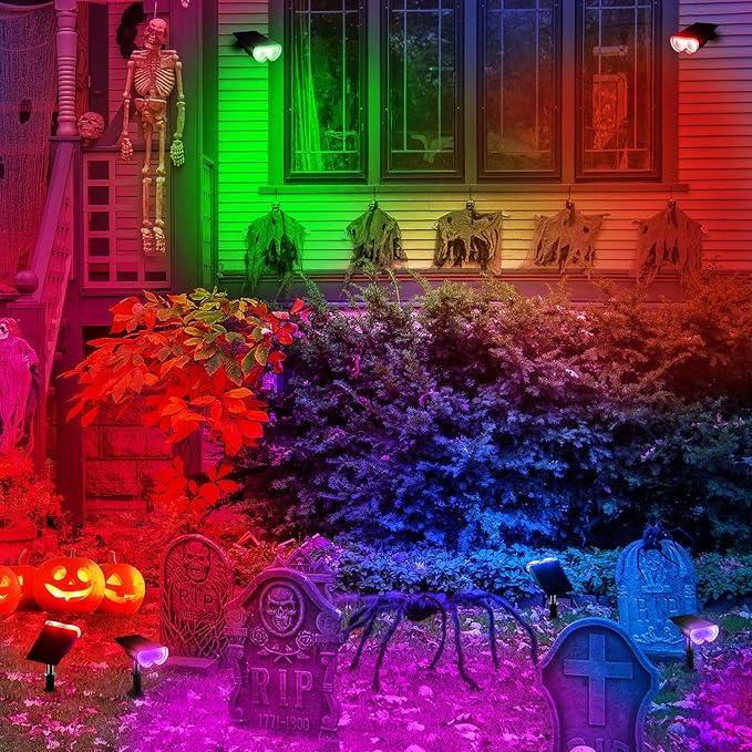 Consciot Solar Spot Lights Outdoor, Halloween Decorations 22 LEDs IP67 Waterproof Color Changing Solar Outdoor Lights, 8 Colors, 2-in-1 Adjustable Wall Lights for Garden Yard Pathway, 2 Pack(RGB)