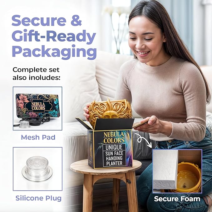 Fun & Unique Sun Face Hanging Planter Quirky Celestial Decor for Plant Lovers – Indoor Outdoor Flower Basket for Succulents & Small Plants – Decorative Garden Yard Art