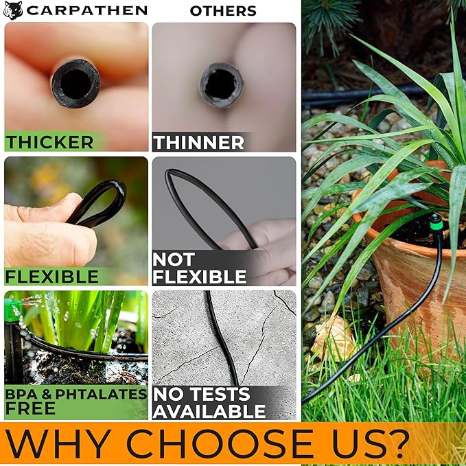 CARPATHEN 1/4 Drip Irrigation Tubing - 100 ft Black Drip Irrigation Hose Perfect for DIY Garden Irrigation System, Hydroponics, Misting Tubing, or as Blank Distribution Tubing for Any Garden Project