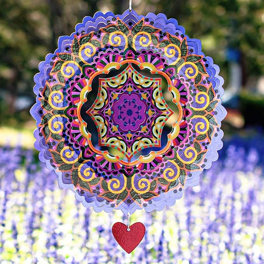 SteadyDoggie 12-Inch 3D Wind Spinners Outdoor - Mandala Purplerain Windmill Yard Decorations - Stainless Steel Laser Cut Ornament - Kinetic Garden Decor for Outside