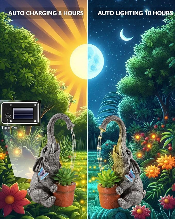 Solar Powered Resin Elephant Garden Statue with Water Fountain Light - Durable Outdoor Decor for Patio and Lawn - Unique Elephant Gift for All Ages