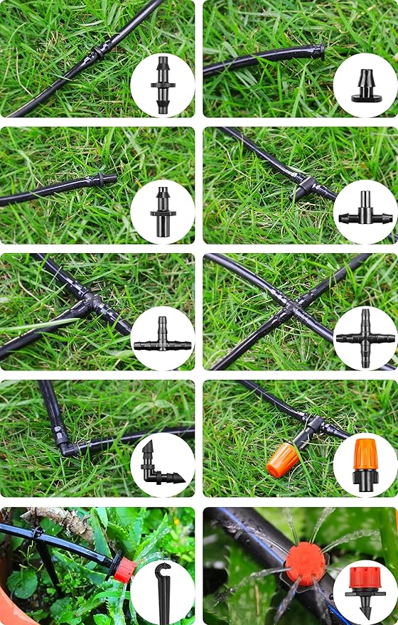 Drip Irrigation Fittings Kit for 1/4" Tubing, 240 Pcs Drip Line Connectors for Drip Systems - Nozzles, Micro Drips, Single barbs, 4 Way Connectors, Tees, Couplings, End Plugs, Elbows, Hose Stakes