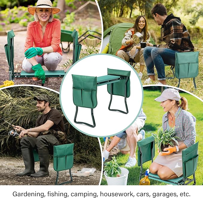 Simple Deluxe Garden Kneeler and Seat, Foldable Kneeling Stool with Thicker EVA Foam Pad Heavy Duty Bench, with Tool Pouch, Gifts for Outdoor Gardening, Fishing, Green