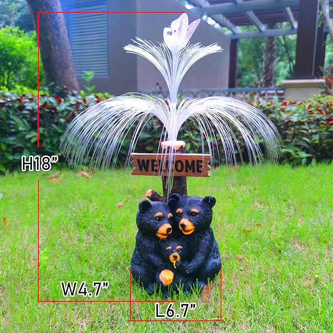 Solar Bear Garden Statues,Resin Black Bear Family Figurine with Welcome Card and 7-Color Changing Optical Fiber with Solar Lights, Lawn Decor Outdoor Statue for Patio,Balcony,Yard,Lawn