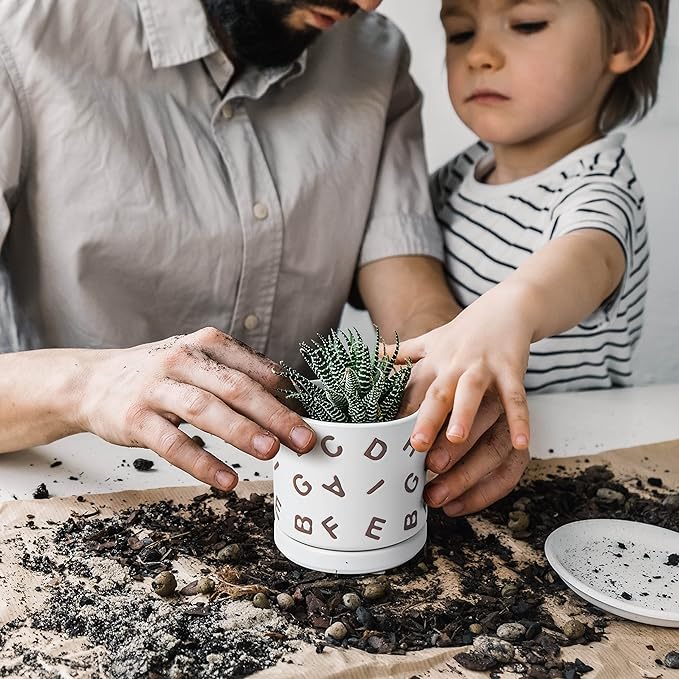 D'vine Dev Set of 2 Ceramic Planter Pots with Drainage Hole and Saucer, 4.5 Inch 6 Inch Plant Pots for Plants Indoor Houseplants, White, 99-G-1