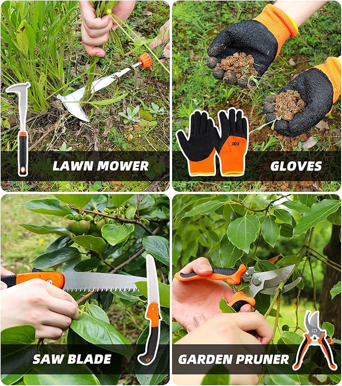 Garden Tool Sets with Organizer, 9 Piece Stainless Steel Heavy Duty Gardening Tool Kit Including Hand Saw, Hand Trowel, Hand Rake, Transplanter, Weeder, Crack Weeder, Pruner, Gloves, Storage Bag