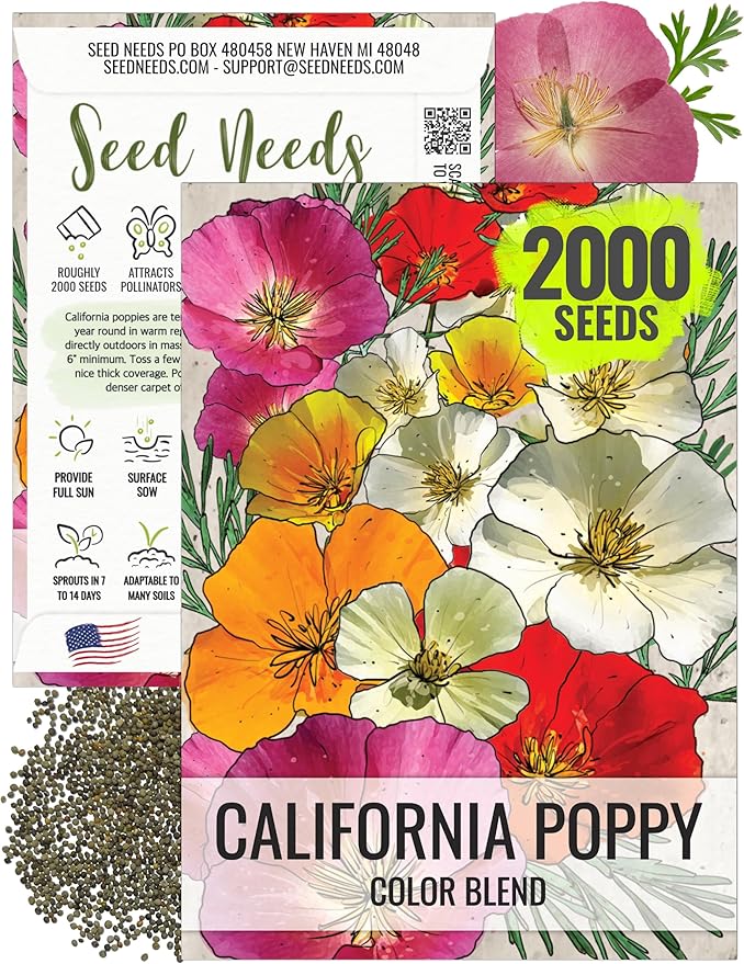 Seed Needs Mixed California Poppy Seeds for Planting - Heirloom & Open Pollinated Tender Perennial - Colorful Mixture of Flowers to Plant a Butterfly Garden (1 Pack)