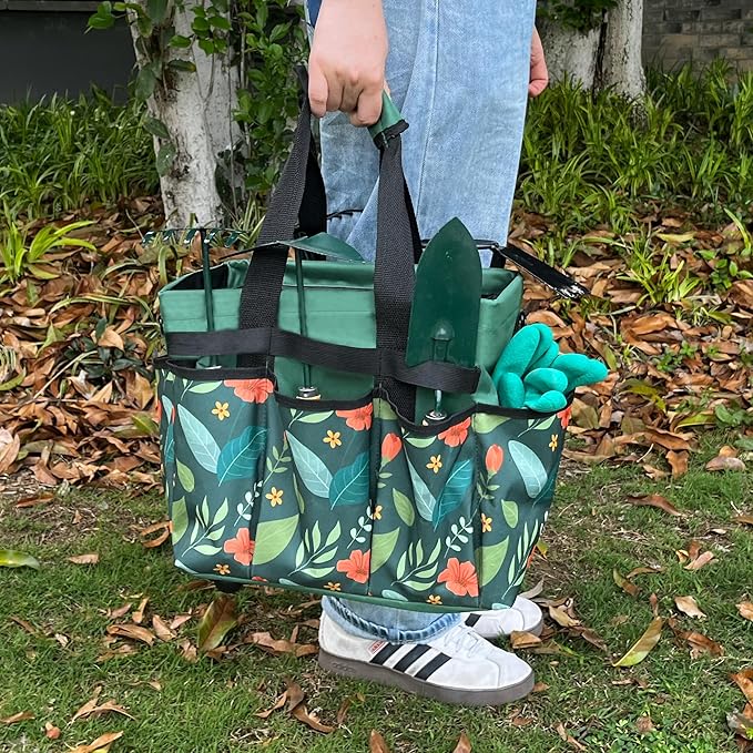 Garden Tote Bag, Oxford Garden Tools Storage Bag with 8 Pockets, Portable Garden Tool Organizer Bag with Adjustable Shoulder Strap, Ideal Gardening Gifts for Gardening Lovers No Tools (Green)