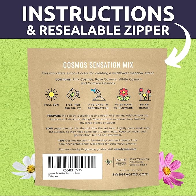 Cosmos Sensation Mix - Large 1 Ounce Packet - 4,000 Flower Seeds for Planting - Cosmos bipinnatus