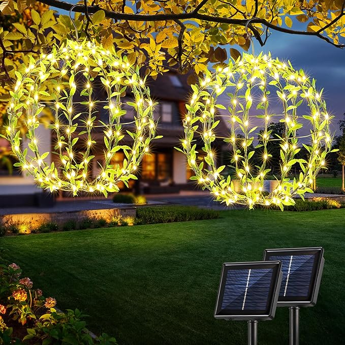 Joomer Solar Hanging Lights Outdoor, 2 Pack 12in 120 LED Solar Globe Lights, 8 Modes Waterproof Foldable Metal Sphere Light with Hook for Garden Yard Porch Decor-Warm White (Ball with Green Leaf)