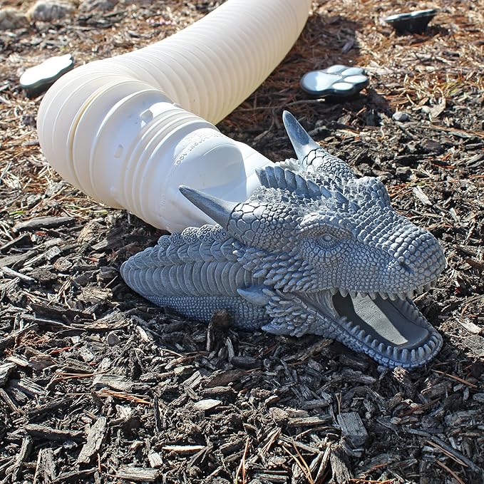 Dragon Garden Downspout Sculpture; Splash Block Anchor w/Ramp for Downspout Extension