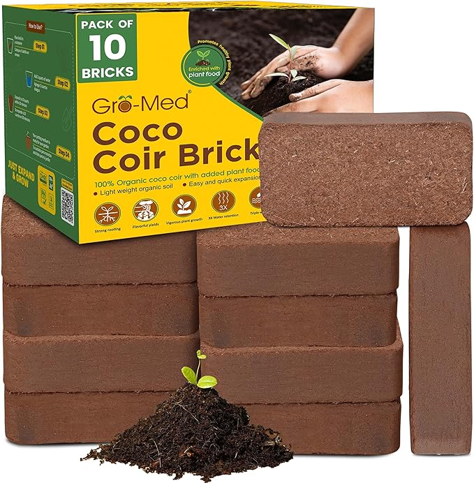 Gro-Med Coco Coir Brick 10s Pack – 1.4 lb Each,Expands to 100 Quarts, Enriched with NPK, Organic Potting Soil Mix for Plants,Seed Starting,Herbs,Flowers and Ideal Reptile Bedding for Snakes &Terrarium