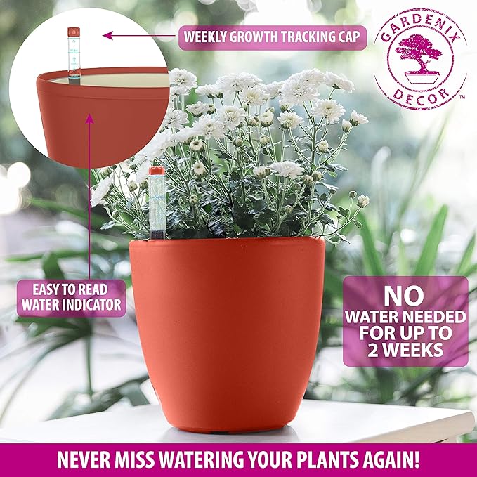 GARDENIX DECOR Self Watering Pots for Indoor Plants 3 Pack - Flower Pot with Water Level Indicator for Plants, Grow Tracking Tool - Self Watering Planter Plant Pot - Coco Coir - Terracota