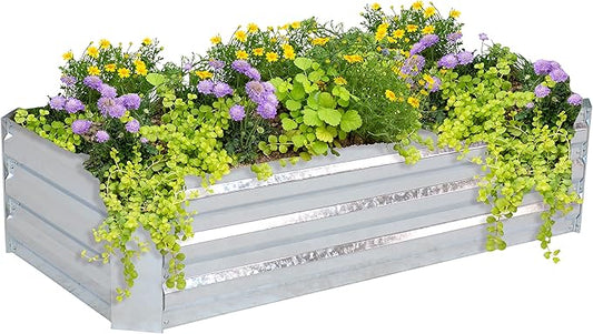 Sunnydaze 11.75" H Raised Metal Garden Bed - Galvanized Raised Garden Bed Outdoor for Vegetables and Flowers - Woodgrain - 4' x 2' Silver
