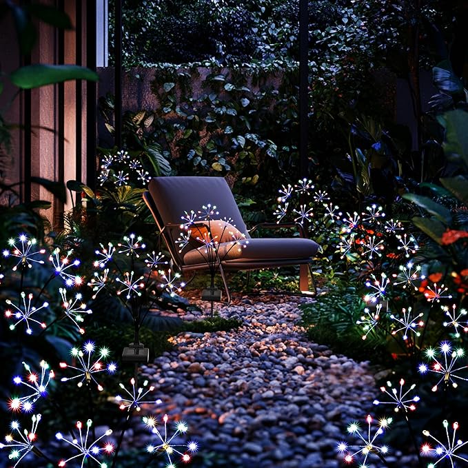 Solar Garden Decor Lights Outdoor, Solar Powered Lights Waterproof for Yard Patio Porch Flowerbed, Fairy Gardening Supplies Gifts Firwork(2 Pack Multi-Colored)
