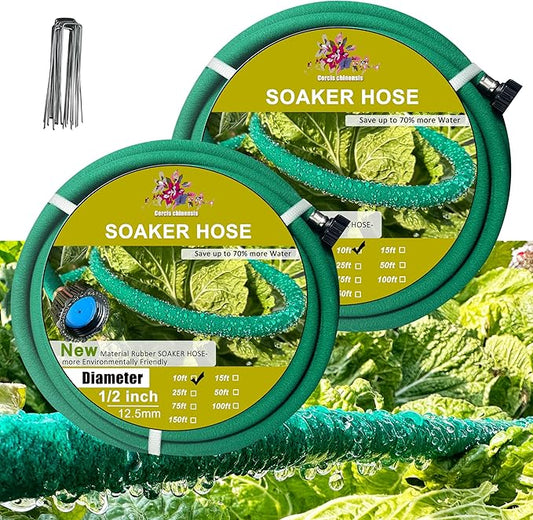 Soaker Hose 1/2"X10ft of 2 Pcs,Green Rubber Hose Water Saving up to 70%,Durable Flexible Soaker Hose that irrigation for Patio Lawn,Trees,Vegetables and Flowers. …