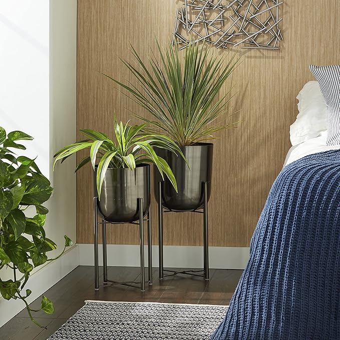 CosmoLiving by Cosmopolitan Metal Indoor Outdoor Planter Dome Large Planter Pot with Removable Stand, Set of 2 Planters 19", 22"H, Black