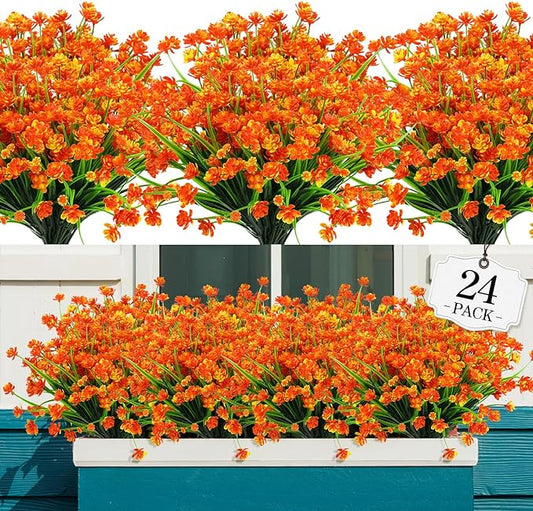 24 Bundles Artificial Fall Flowers Outdoor,No Fade Fake Plastic Flowers,Faux Autumn Plants for Thanksgiving Xmas Decor,Hanging Planters Indoor Outside Garden Porch Window Box Home Wedding