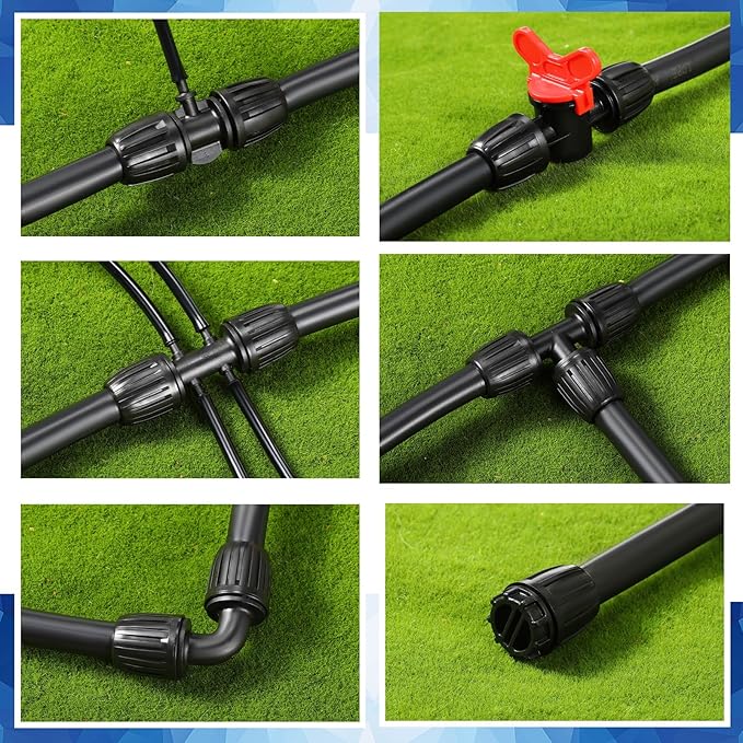 40 Pcs 1/2" Tubing Irrigation Fittings Kit 1/2 ID x 0.6-0.63 OD 16 mm Drip Irrigation Barbed Connectors Include 6 Switch Valves 18 Barbed Tee 8 Ends 4 Adapters 4 Elbows (Black and Blue)