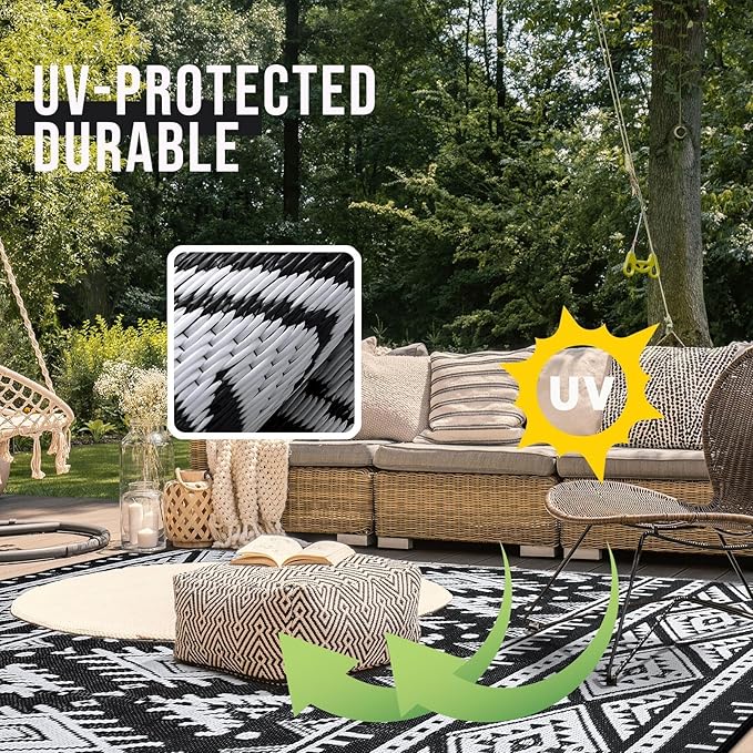 OLANLY Outdoor Rug Waterproof 10x14 ft, Reversible Outdoor Plastic Straw Rug, Boho Patio Rug, Indoor Outdoor Carpet, RV Mat Outside for Patio, Camp, Picnic, Balcony, Deck, Backyard, Black & White